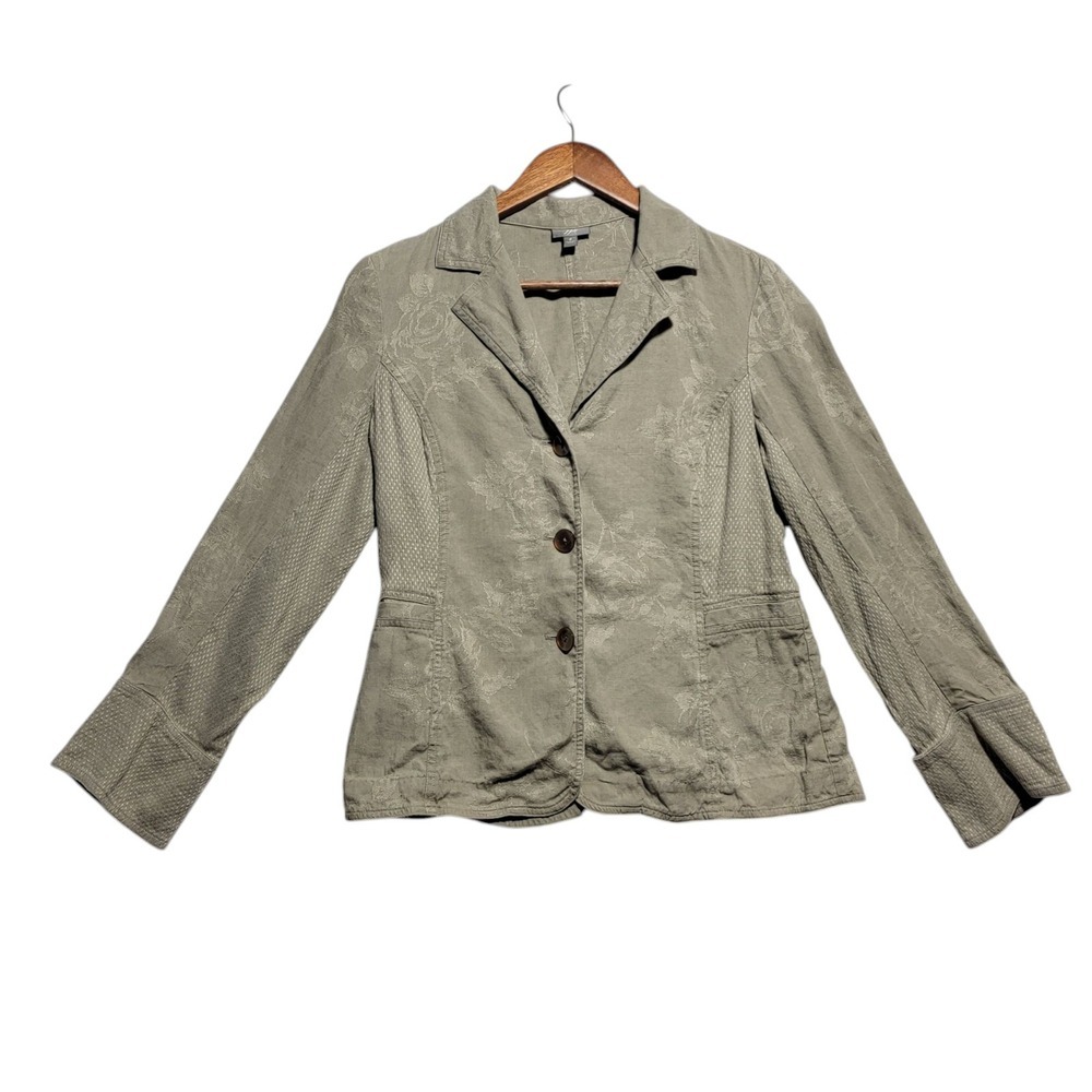 J Jill Womens Size 8 Linen Blend Khaki‎ Green Jacket Blazer Floral Print